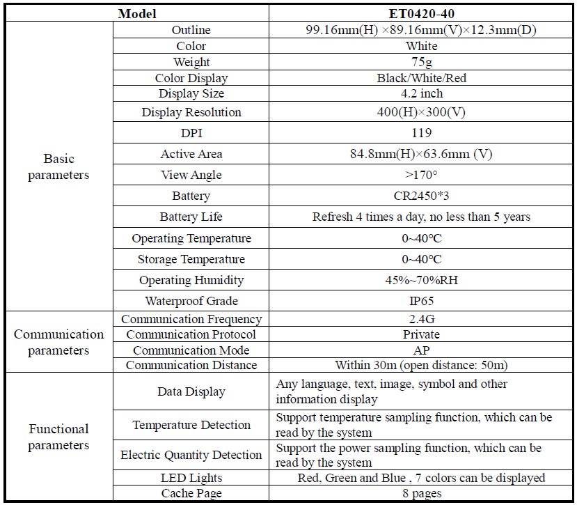 4.2 inch e ink price tag specifications